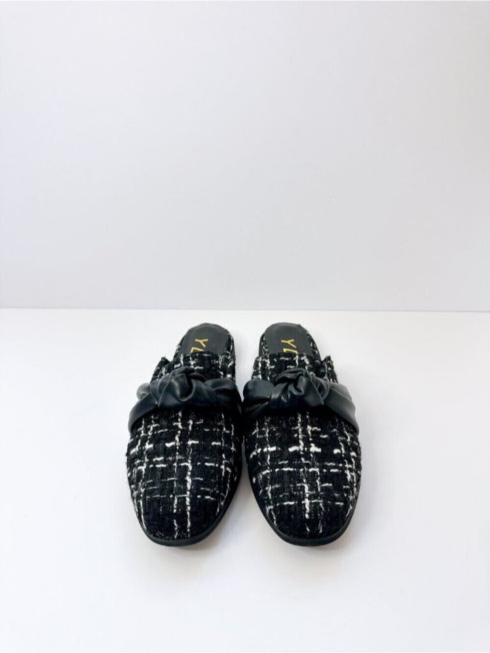 Women’s Size 9 Black Tweed Mule Knot Bow Slip-On Flats Round Toe
